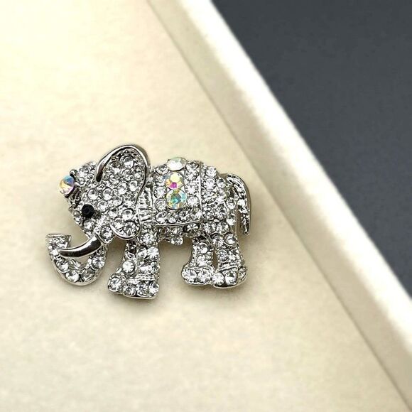 Silver with White Diamond AB and Black Onyx Crystal Elephant Pin Back Brooch - Picture 4 of 7